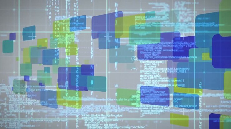 Animation of digital data processing over screens and grid background