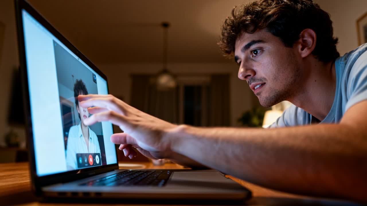 Smiling man in light T-shirt responding to webcam call, pointing at laptop and typing at home