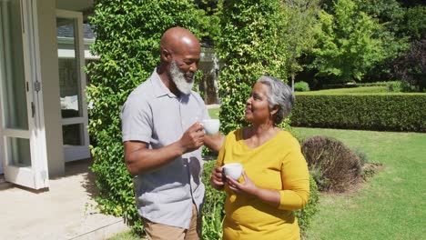 Senior-african-american-couple-talking-and-holding-cups-of-tea-in-sunny-garden