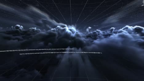 Animation of data processing and clouds on black background