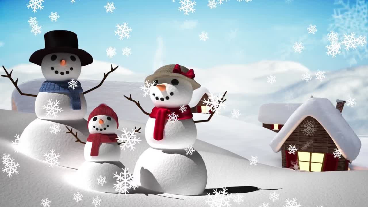 animación digital de copos de nieve que caen sobre la familia del muñeco de nieve en el paisaje de invierno