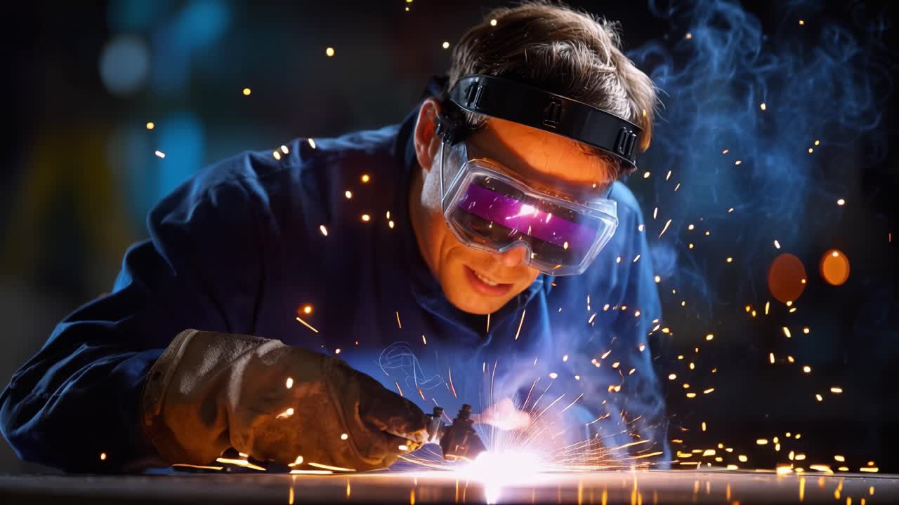 A Skilled Welder in Action: Capturing the Intensity and Precision of Metal Fabrication Under Bright Sparks and Glowing Arcs in a Professional Workshop Environment