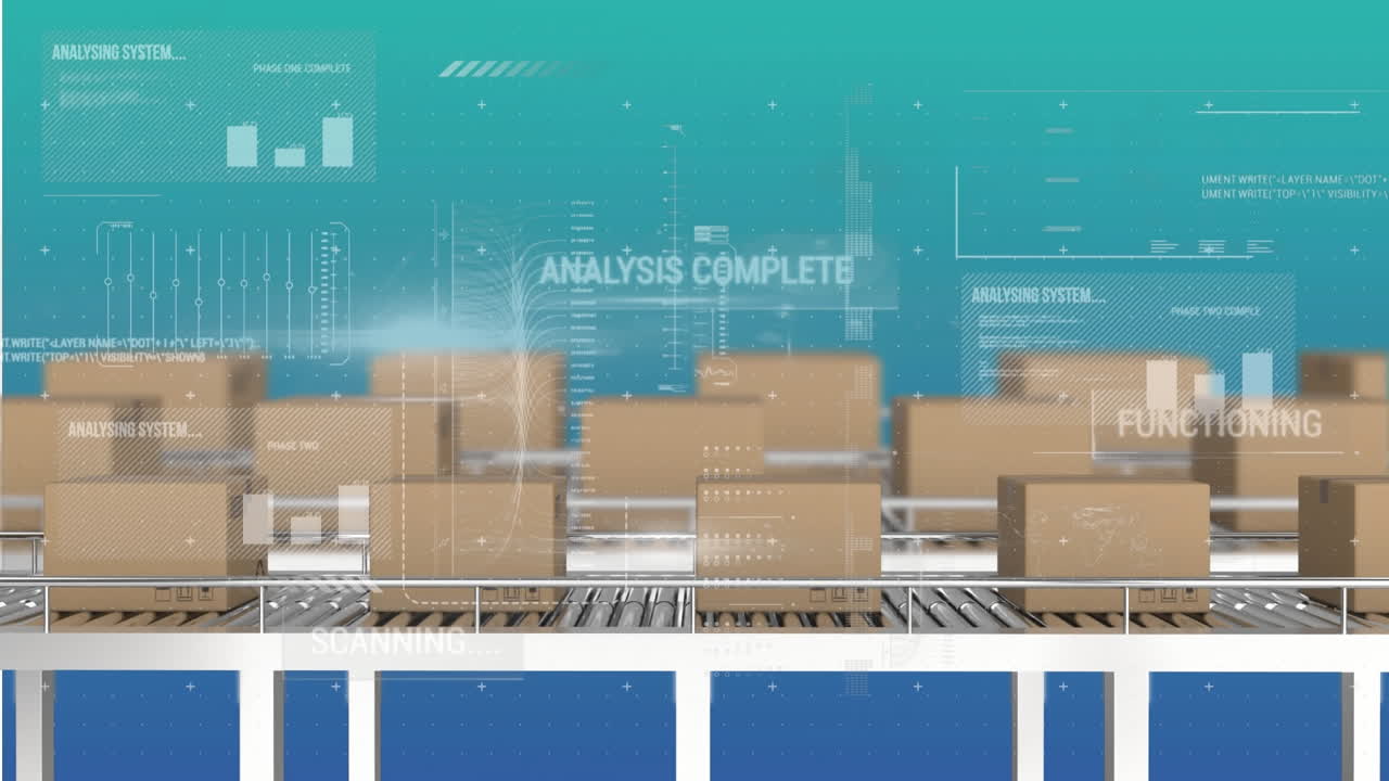 Animation of interface with data processing over boxes on conveyer belt against gradient background