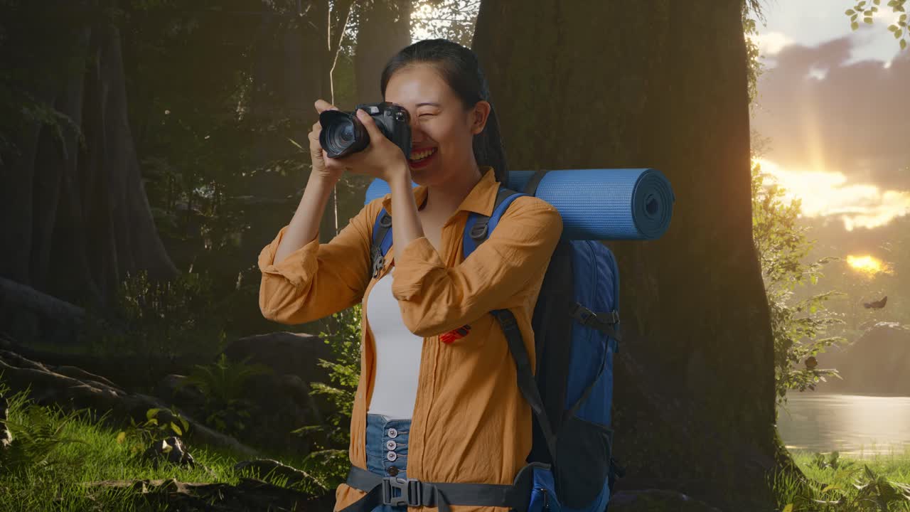 vista lateral de una excursionista asiática con una mochila de montañismo usando una cámara para tomar fotos mientras explora la naturaleza forestal