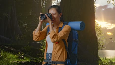 vista lateral de una excursionista asiática con una mochila de montañismo usando una cámara para tomar fotos mientras explora la naturaleza forestal