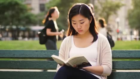 woman reading a book in a city park
