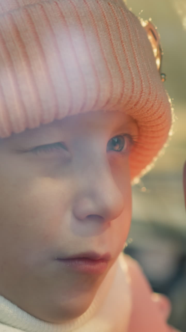 핑크색 뜨개질 모자와 스카프를 입은 어린 소녀의 클로즈업, 손가락으로 자동차 창문을 두드리는 것, 한 눈을 닫은 장난스러운 호기심의 순간