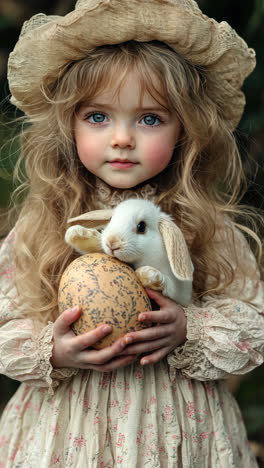 little girl holding bunny and decorated egg in a natural setting