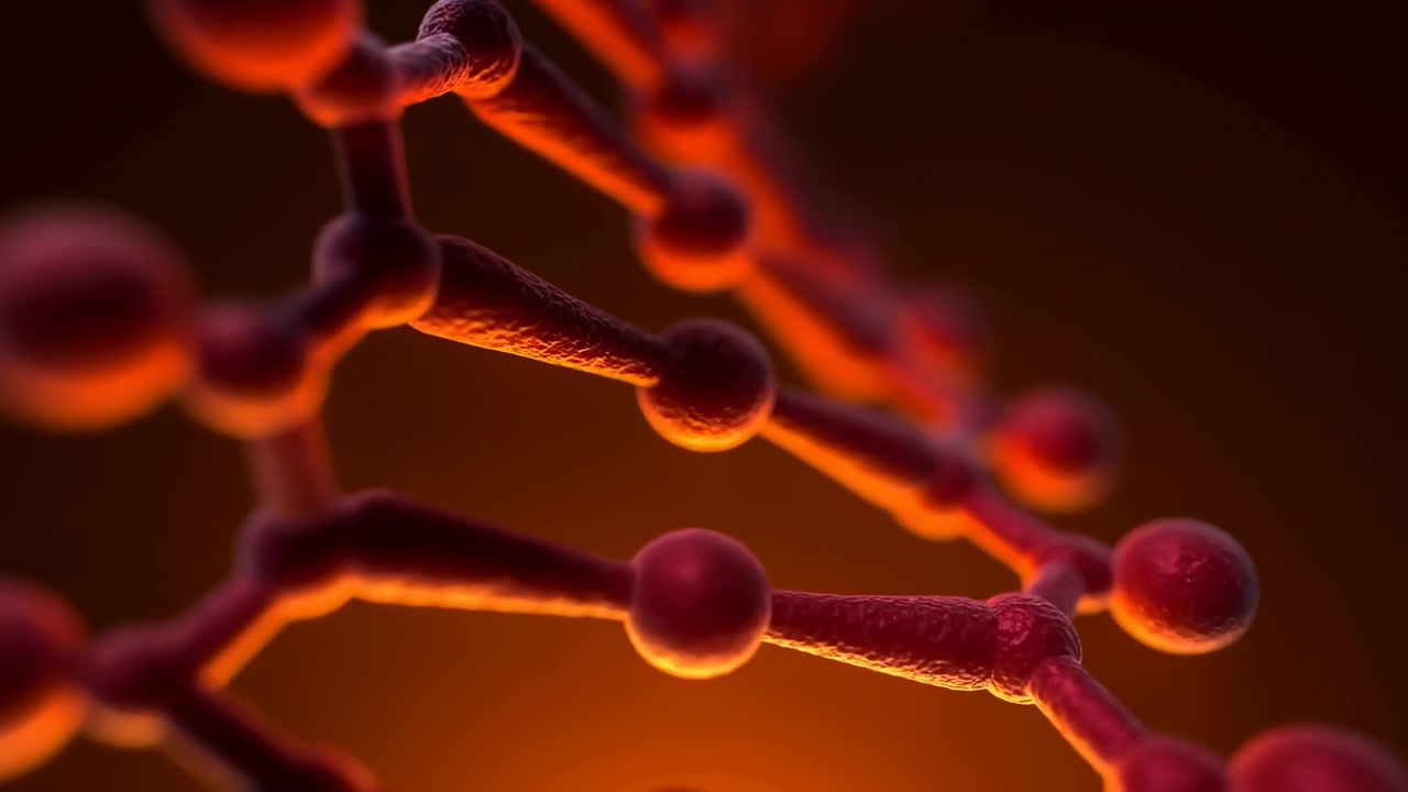Composição científica abstrata em close-up mostrando nós esféricos vermelhos ligados por filamentos finos, iluminados por um brilho laranja quente contra um fundo escuro e desfocado.