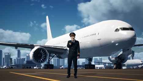 cuerpo lleno de piloto hombre asiático mirando a la cámara y haciendo el gesto shh en el aeródromo con el avión en el fondo