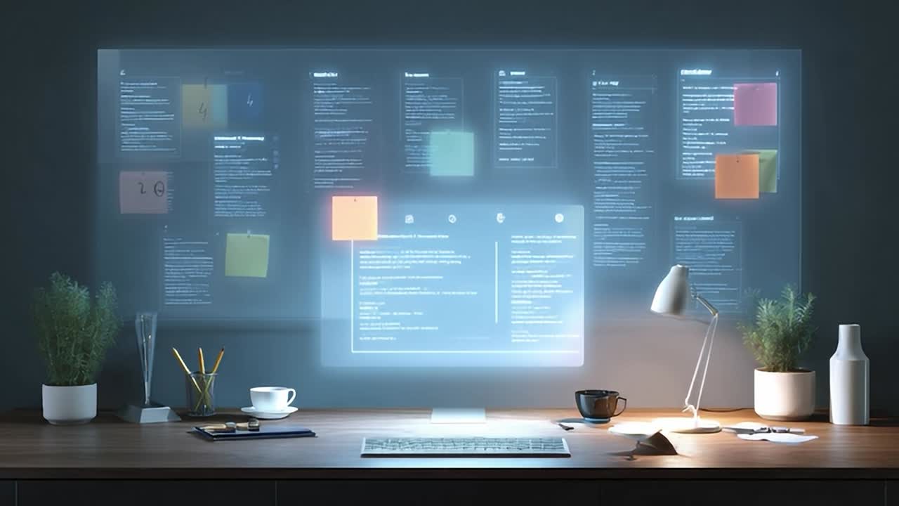 Modern workspace with holographic display and organized notes