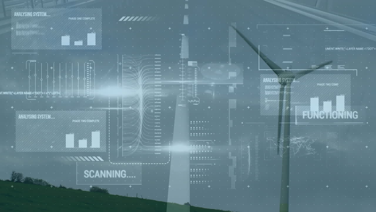 데이터 처리의 애니메이션 및 풍력 터빈 위의 도로