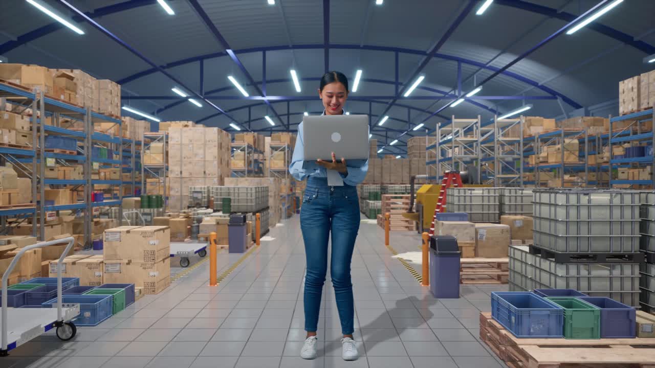Figura intera di donna asiatica con il suo laptop in un magazzino con scaffalature, osserva guardandosi intorno prima di concentrarsi sul suo laptop