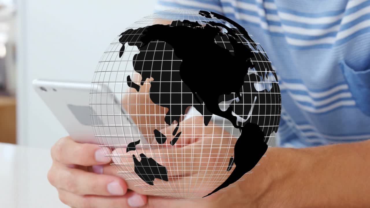 Man holding smartphone, activating rotating grid globe overlay and swiping for tech browsing