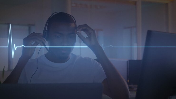 Animation of illuminated heart rhythm over african american man listening through headphone