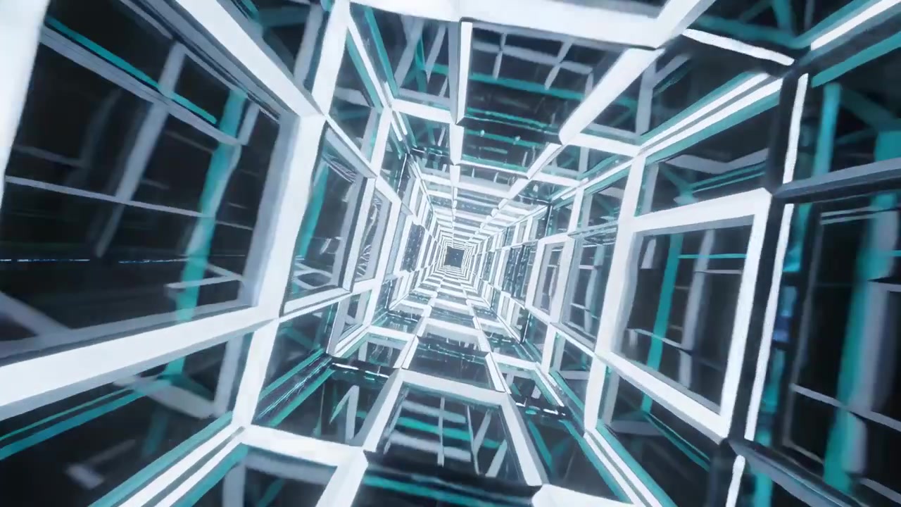 Caméra rotative poussant des cadres empilés vers l'intérieur à travers un couloir en images de synthèse, des bords cyan créant de la profondeur.