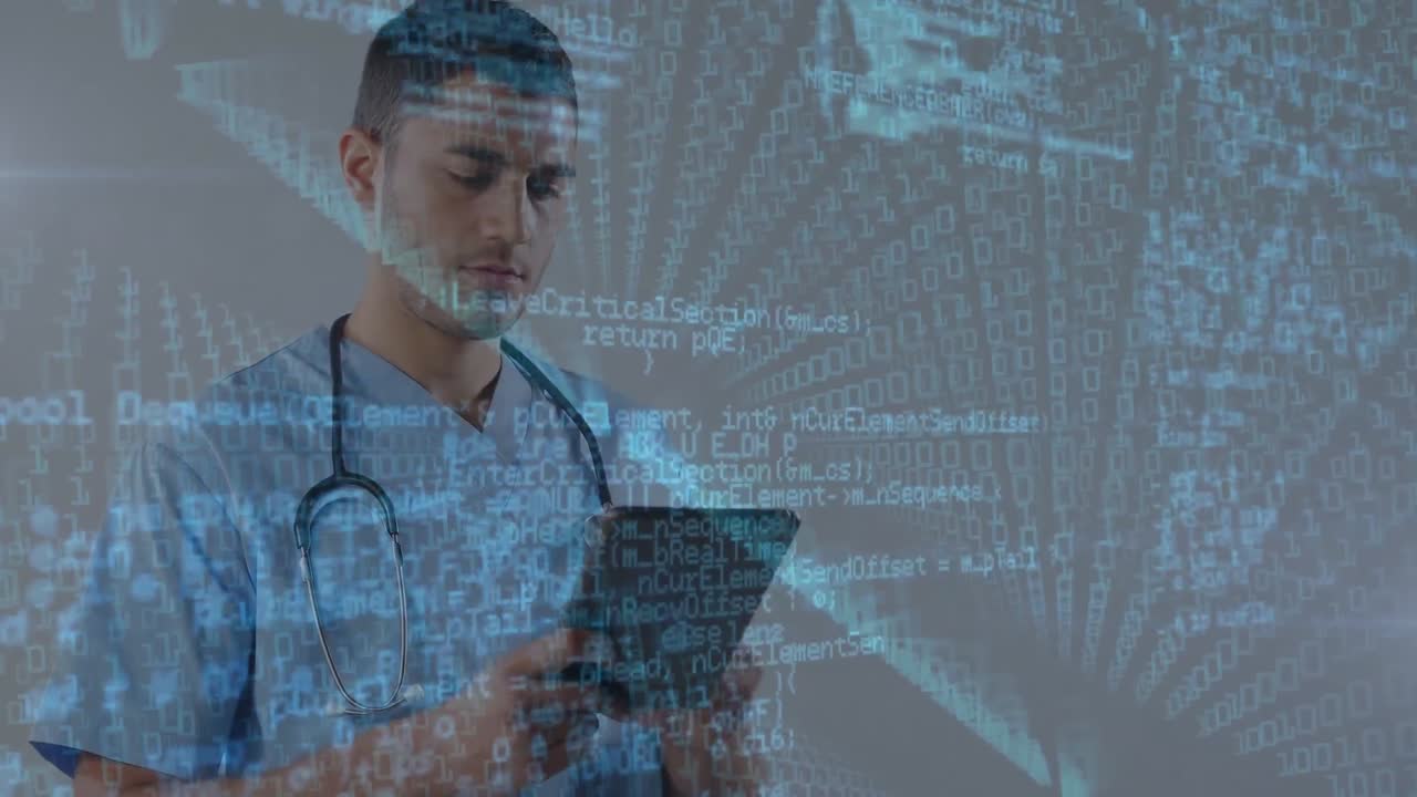 animación del procesamiento de datos médicos sobre un médico caucásico