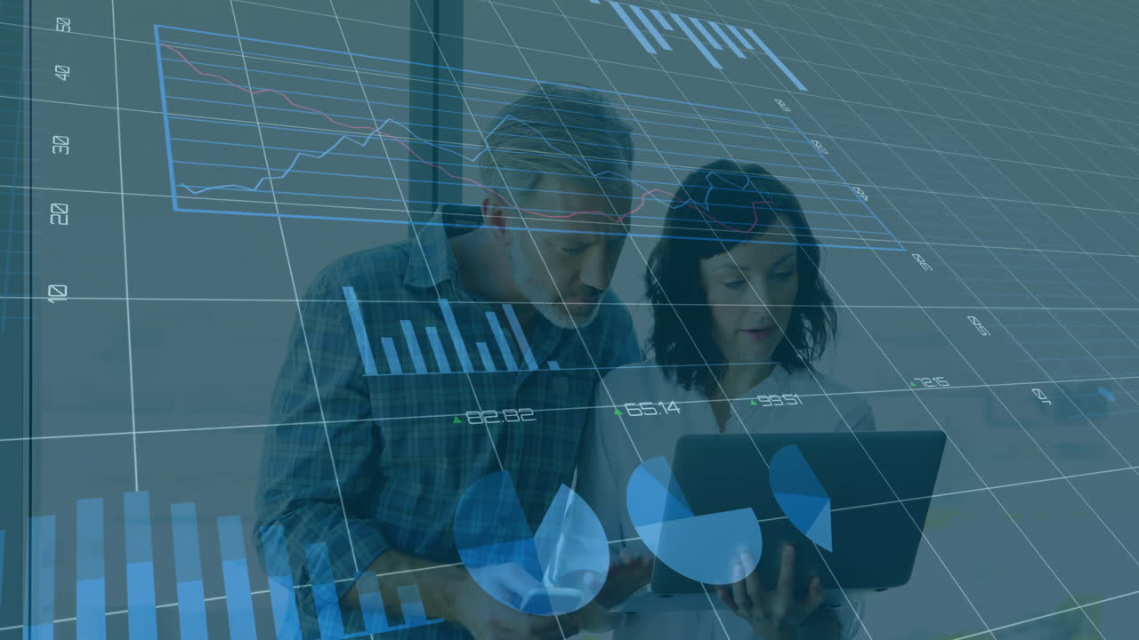 Analyzing financial data on laptop, business people with charts animation over them