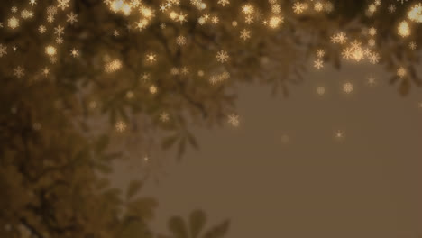 animation of snow falling over tree on brown background