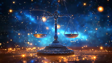 a scale with a blue background. the scale is balanced and the background is lit up with stars