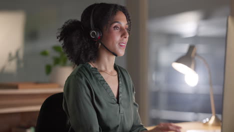 Woman,-call-centre-and-work-at-night