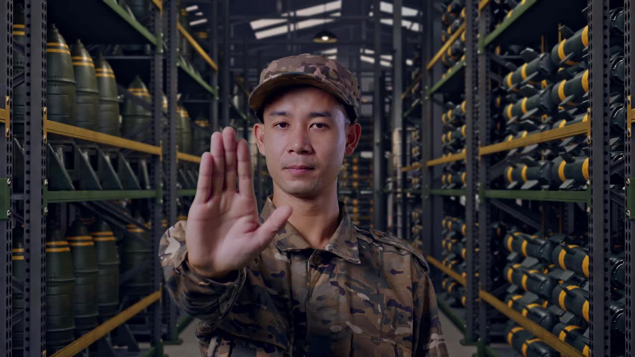 Close Up Tentara Pria Asia Melihat ke Kamera dan Tidak Setuju dengan Tanda Tidak Ada Tangan Saat Berdiri di Gudang Amunisi Militer