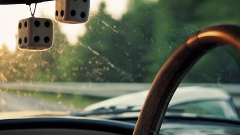 classic car interior at golden hour