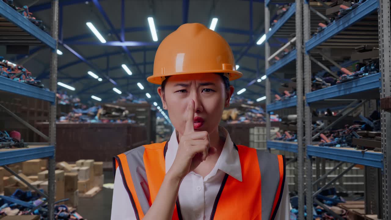 ภาพซูมใกล้ของวิศวกรหญิงชาวเอเชียสวมหมวกนิรภัย กำลังยืนทำท่า "จุ๊ๆ" (ให้เงียบ) ภายในคลังสินค้าอุตสาหกรรมสำหรับเศษโลหะและการรีไซเคิล