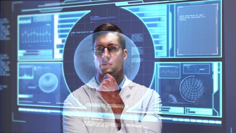 Animation-of-male-scientist-behind-interactive-computer-screen-with-medical-data-processing