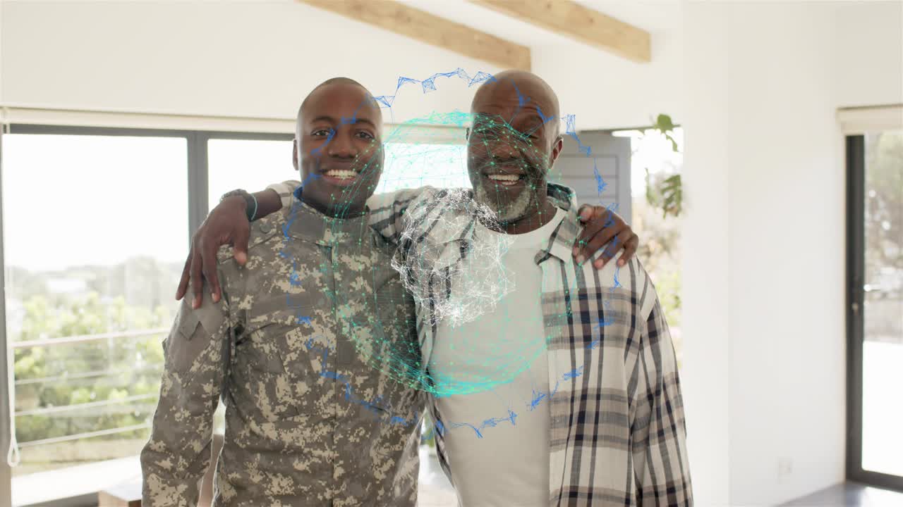 Service member returning initiating embrace with father, holo globe appearing between them, tech
