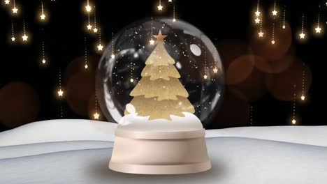 Animación-Del-árbol-De-Navidad-En-Una-Bola-De-Nieve-Sobre-La-Nieve-Y-Puntos-Brillantes-En-El-Fondo