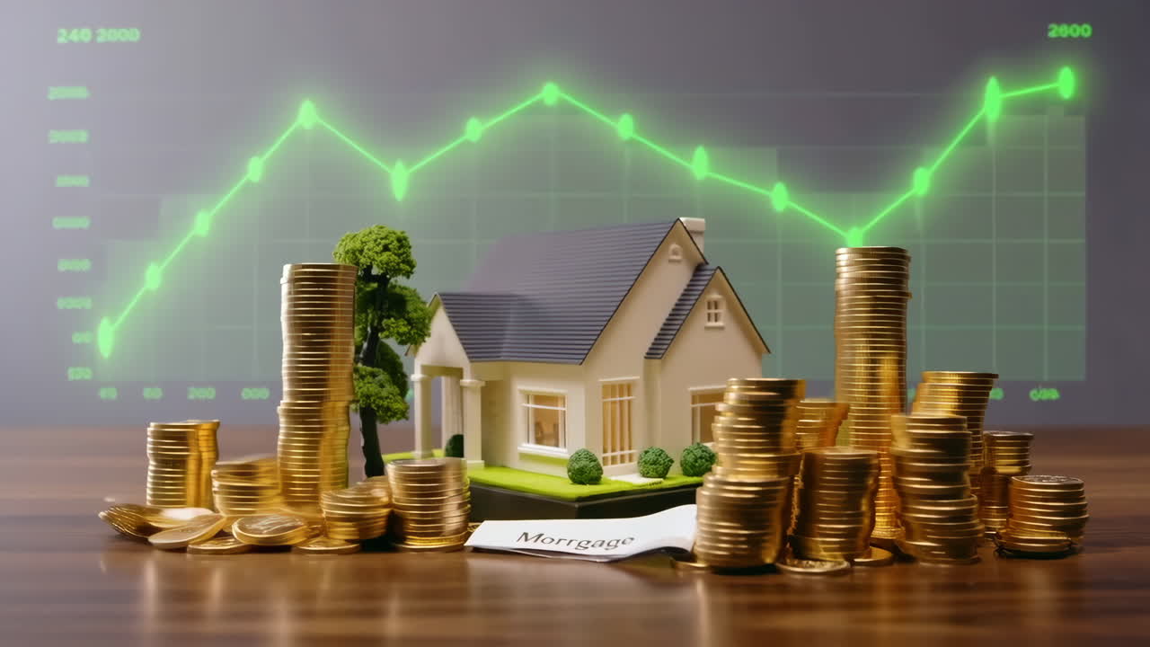 Real Estate Investment, Mortgage, and Financial Growth with House and Coins