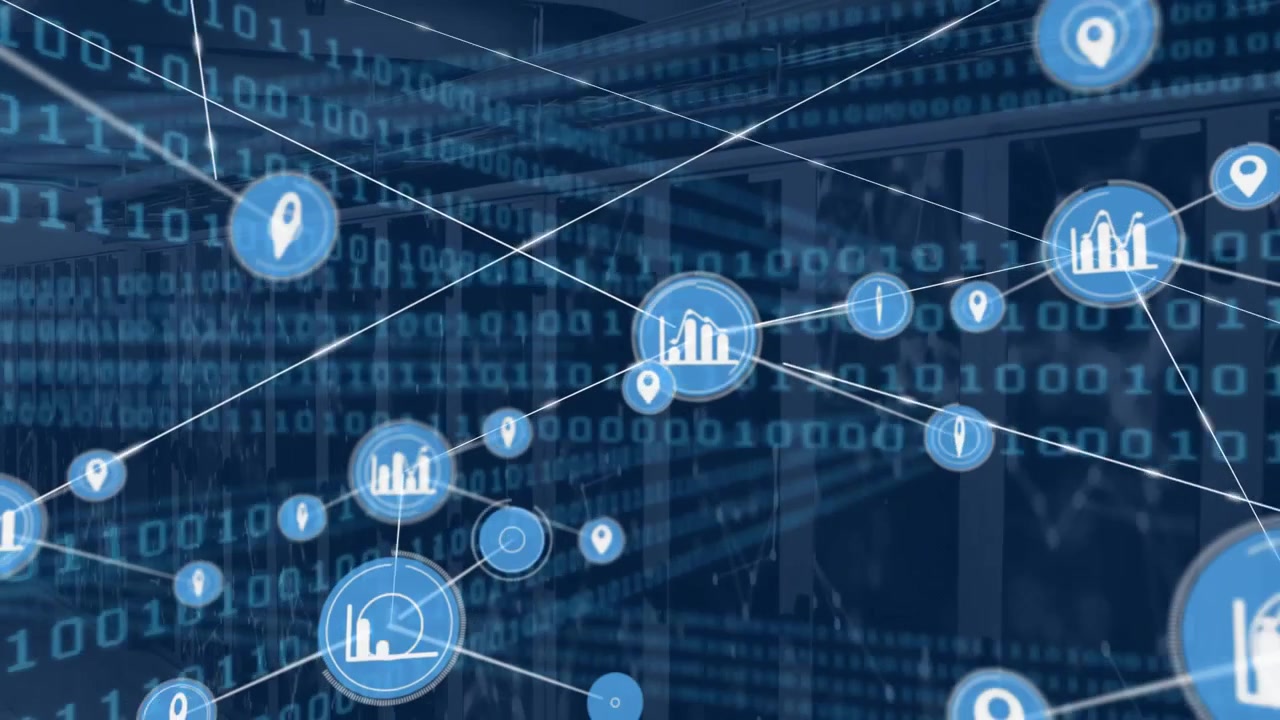 Animation of network of connections and binary coding over computer servers