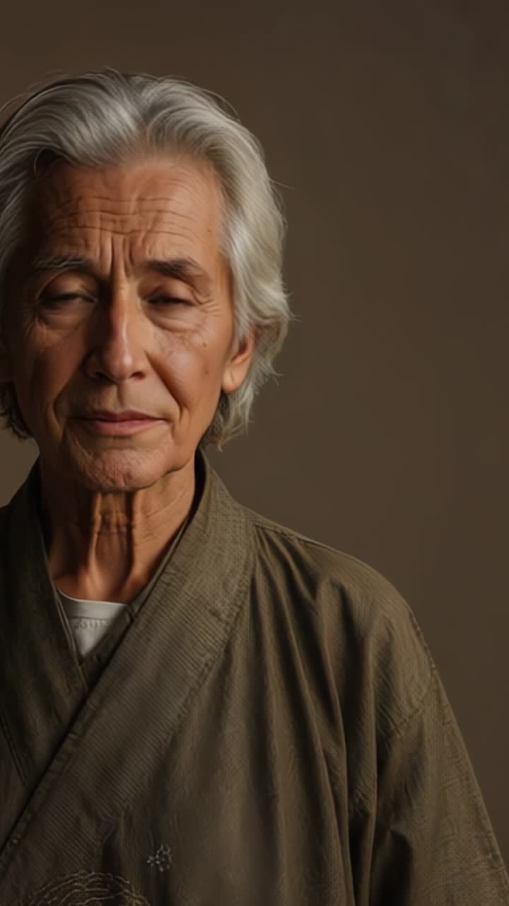 Vertical video: Camera filming senior Asian male blinking and smiling in studio, with brown robe