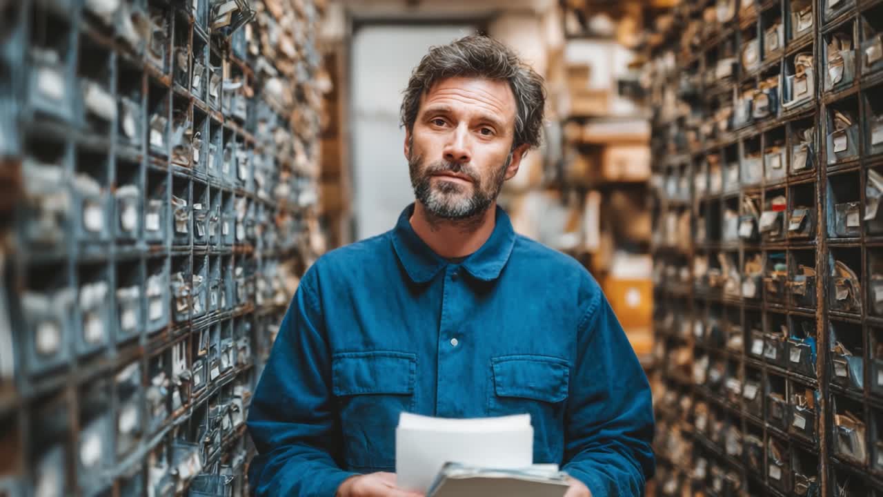 Un uomo pensieroso esamina documenti in uno spazio di lavoro organizzato, circondato da scaffali pieni di piccoli contenitori e oggetti che riflettono curiosità e scopo.