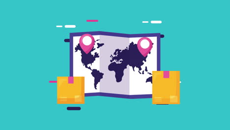 logistic service animation with paper map and boxes