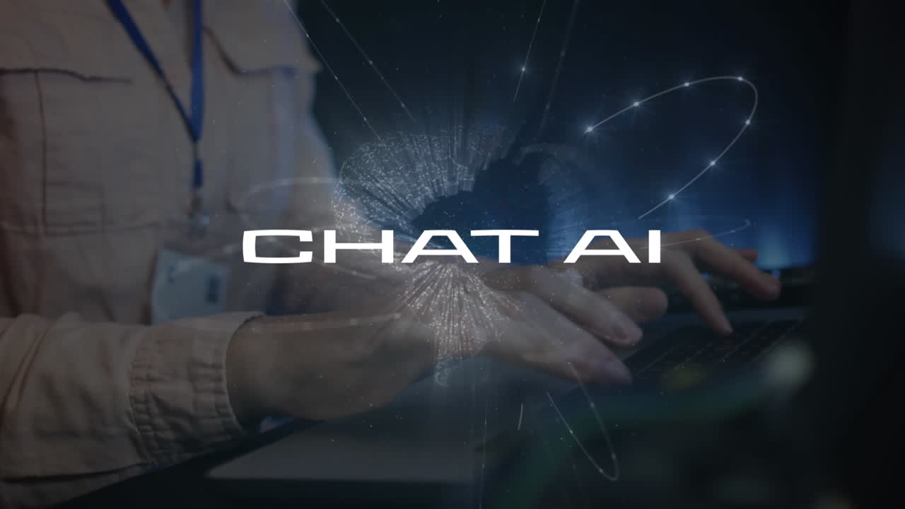 Animation of artificial intelligence text and data processing over caucasian woman using computer