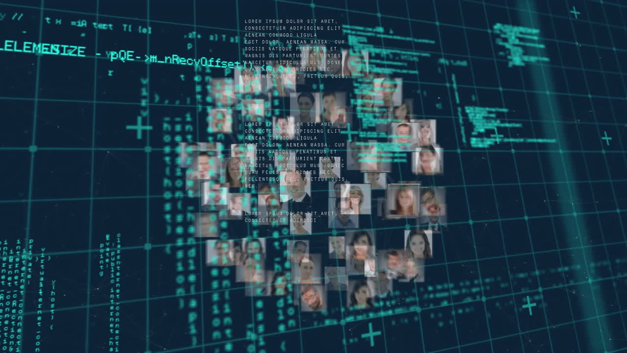 Digital animation of globe of business profile icons spinning and data processing on blue background