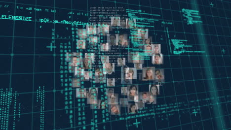 animación digital del globo de los iconos de perfil de negocios girando y procesamiento de datos sobre fondo azul