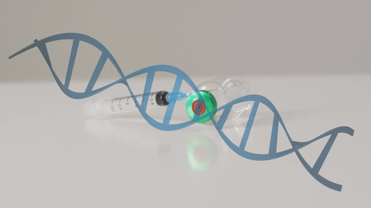 animación de la cadena de adn y procesamiento de datos sobre la vacunación