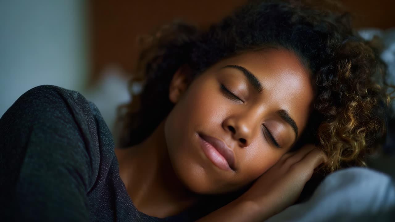 Et fredfyldt øjebliks hvile, der viser en ung kvinde, som sover fredeligt, og fremhæver ro og afslapning i en intim soveværelsesomgivelse