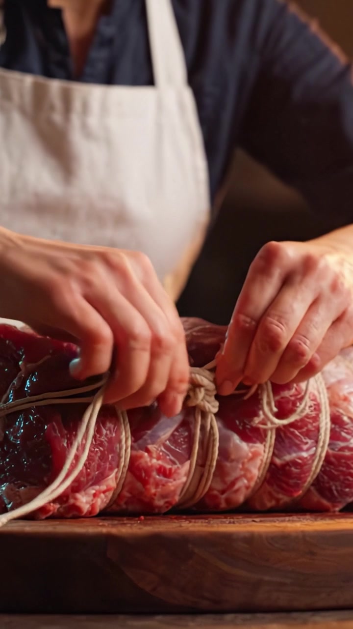 Un processo culinario: uno chef che lega con perizia un arrosto con spago da macellaio per una preparazione e presentazione saporita della carne in un ambiente di cucina