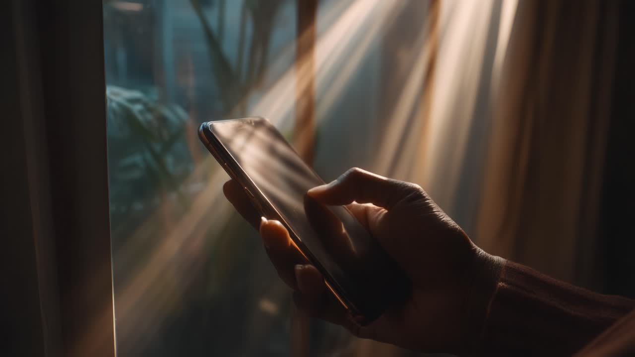 Uno sguardo accattivante alla luce del mattino e all'interazione digitale: una mano che tiene uno smartphone illuminato dai delicati raggi del sole che filtrano attraverso le tende