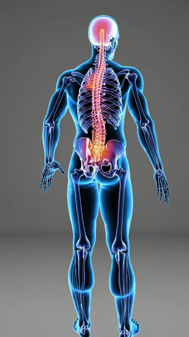 A digital rendering of a human skeleton with highlighted spine, viewed from the back