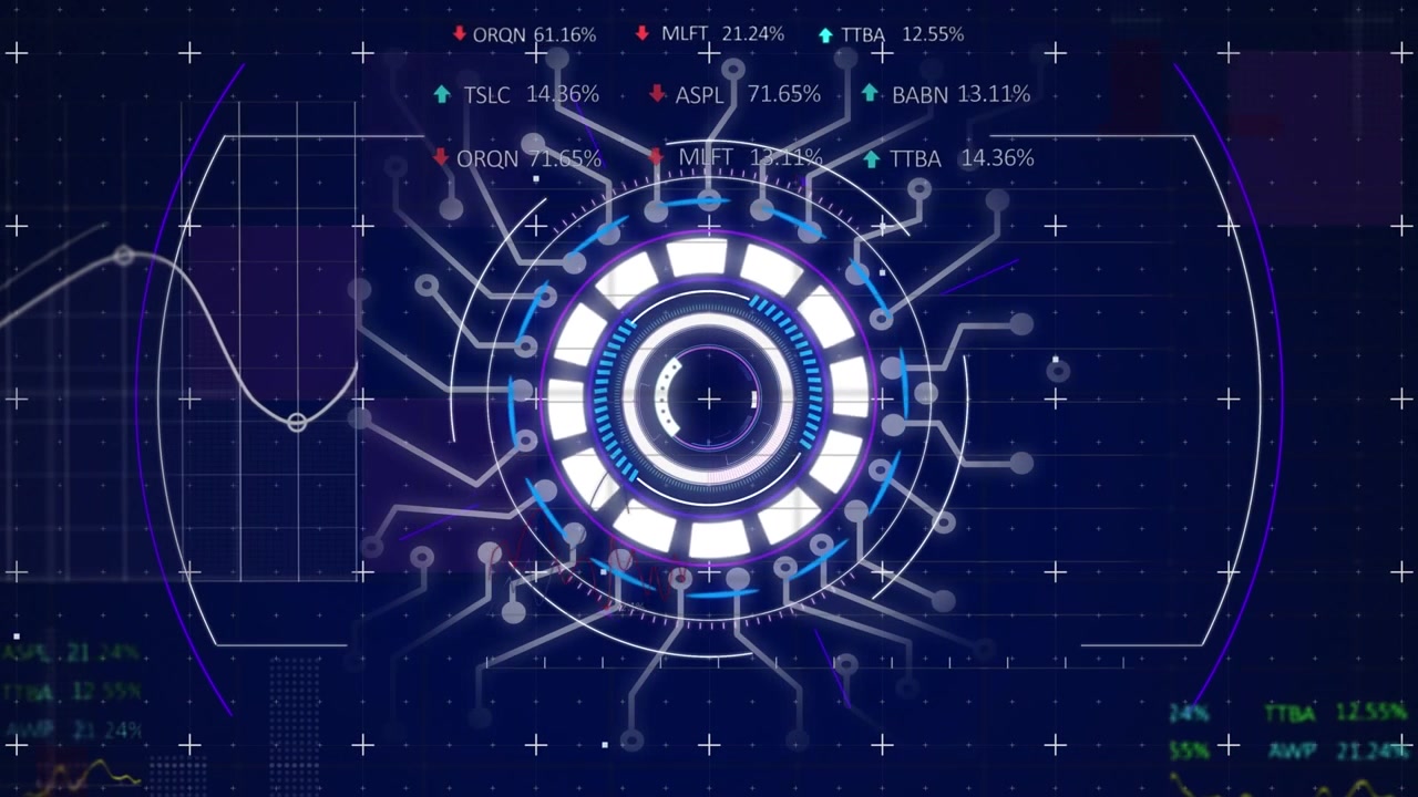 Digital HUD Interface with Rotating Circuitry and Financial Data