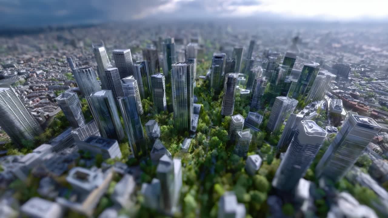 Aerial View of a Modern Urban Landscape with Lush Green Parks Amidst Skyscrapers, Showcasing a Harmonious Blend of Nature and City Life