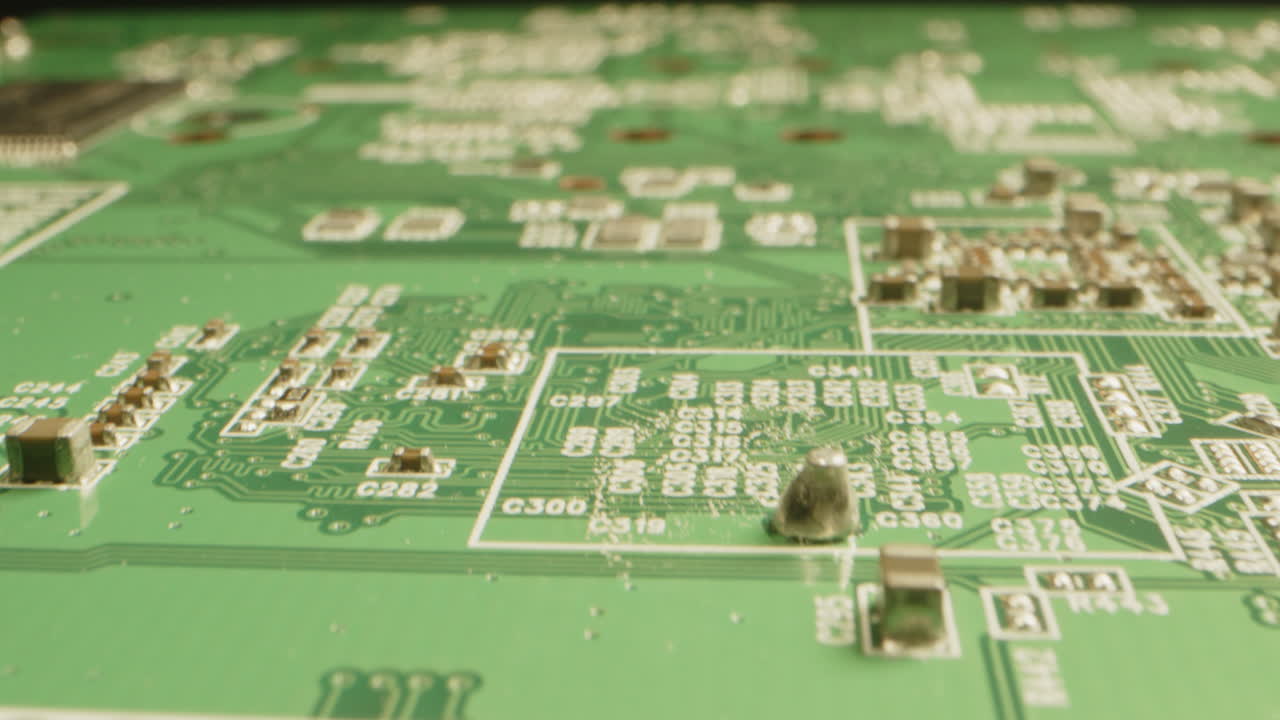 Detailed macro dolly over of a circuit board in a black studio