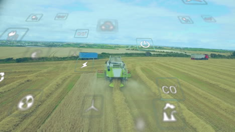 combine harvester cutting wheat field, showing floating telemetry icons and moving farm vehicles