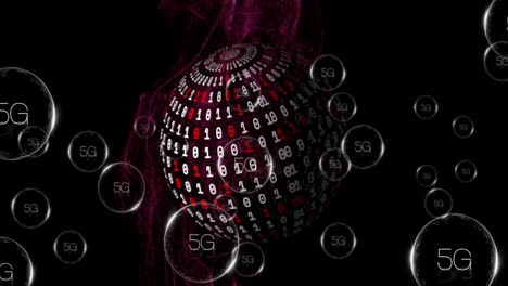 animación de texto 5g, codificación binaria y procesamiento de datos digitales en todo el mundo