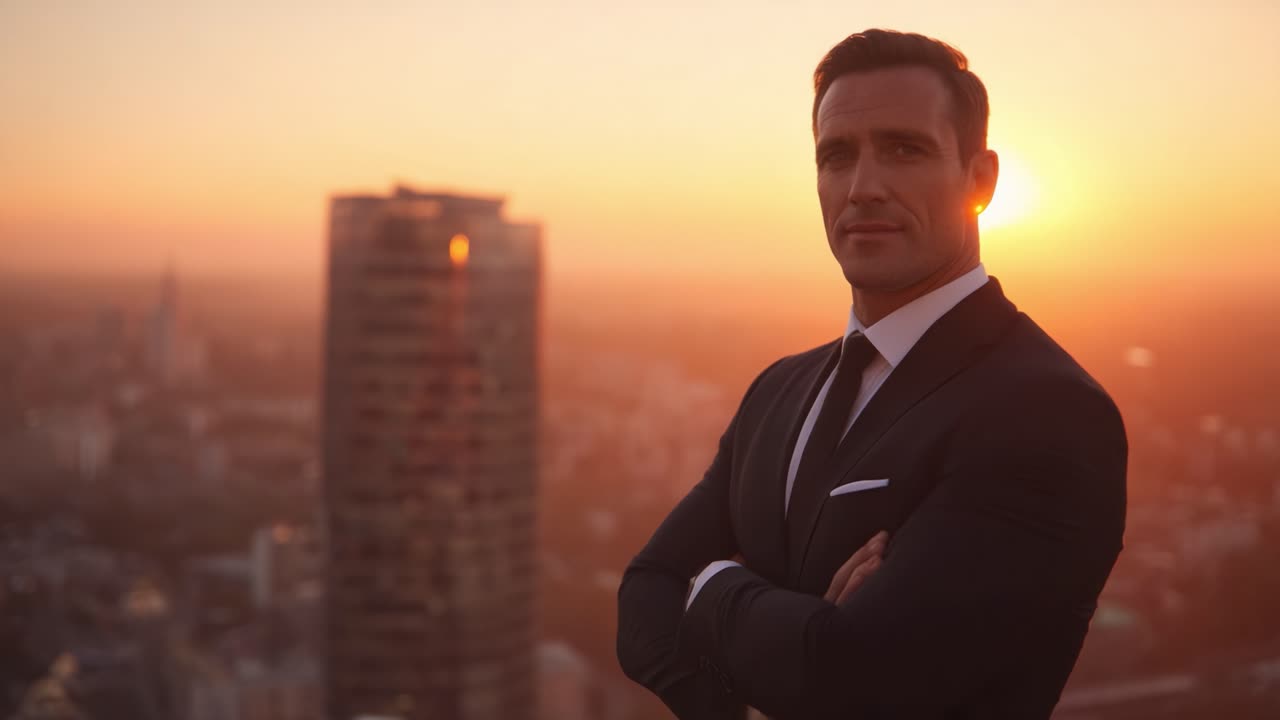 A Confident Man in a Suit Against a Stunning Sunset Backdrop Over a City Skyline, Capturing a Moment of Success and Serenity at Dusk with Golden Hues Lighting the Scene